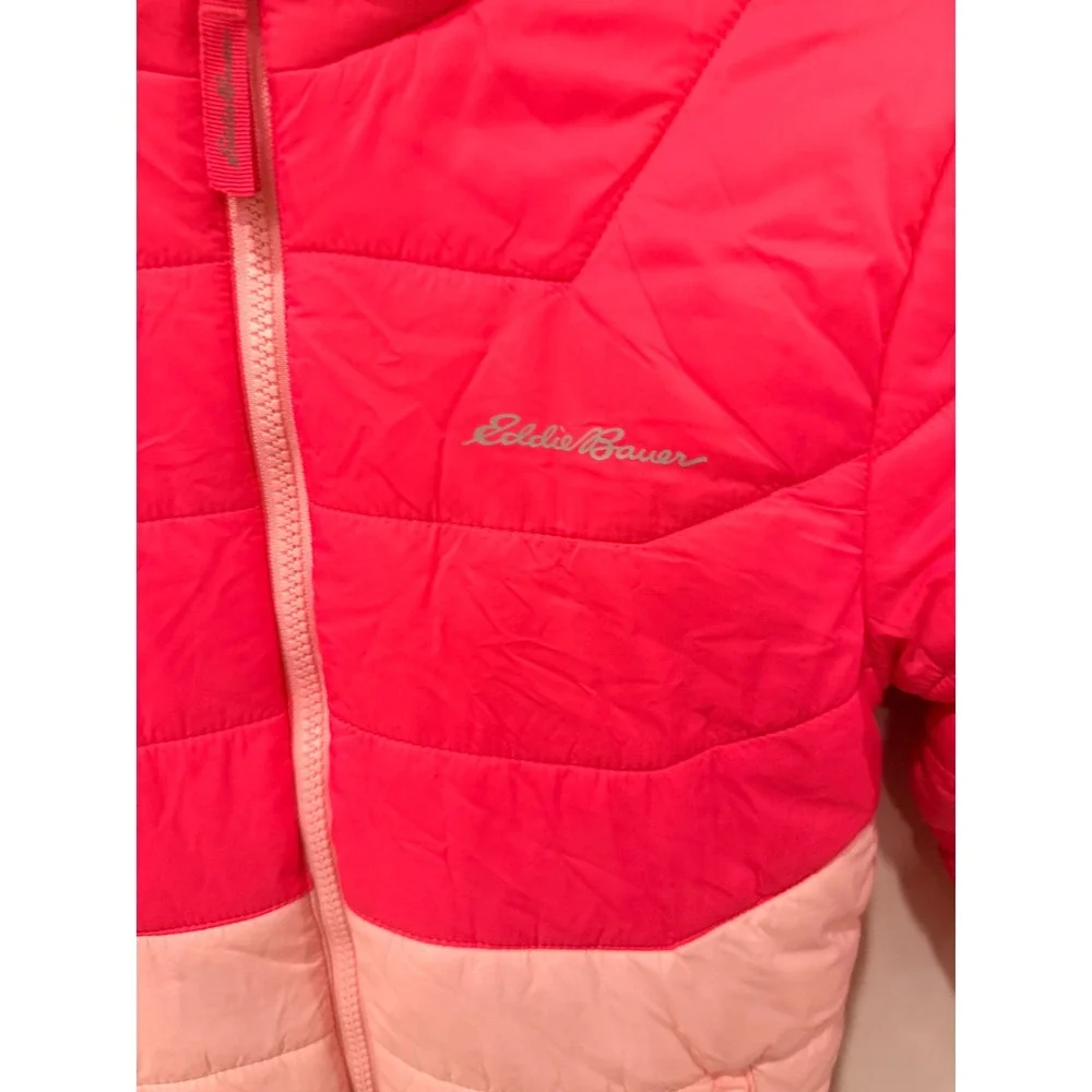 Eddie Bauer Kids Reversible Puffer Jacket Pink Faux Fur Hooded Coat S 7/8 NWOT